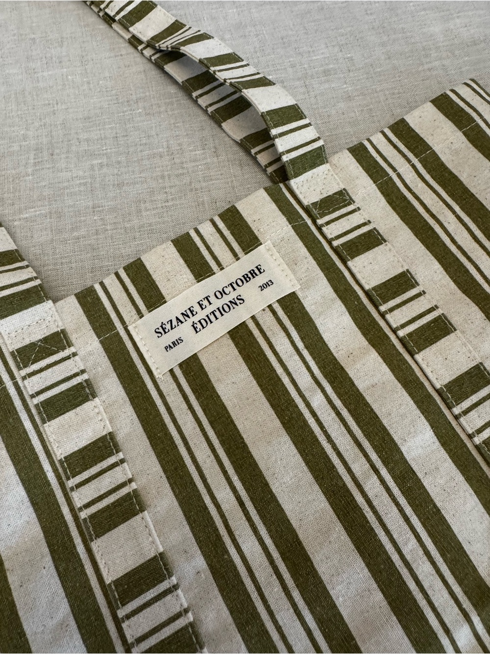 Sézane Olive Stripe Canvas Tote Bag